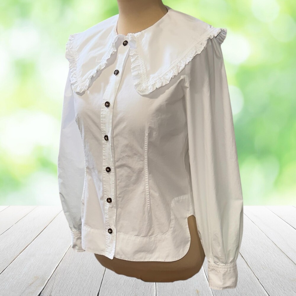 GANNI Blouse Peter Pan Collar Ruffle Organic Cotton Button Front EU 34 US XS